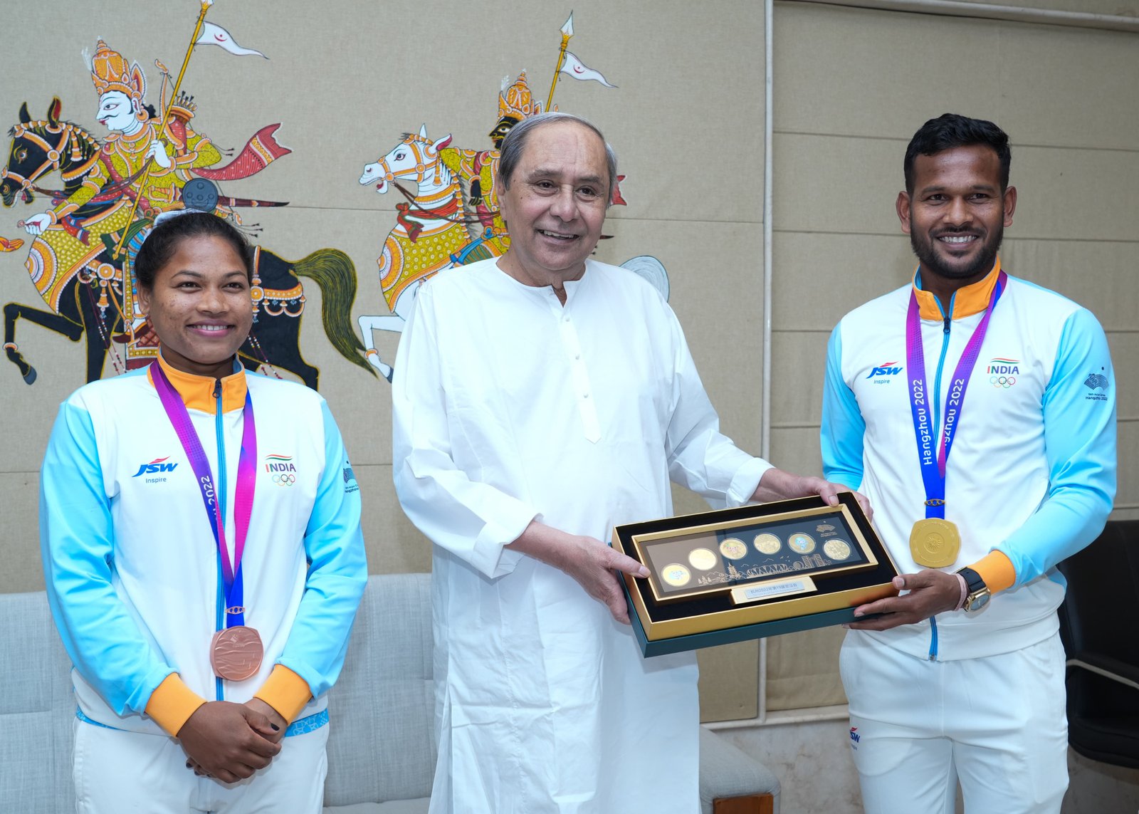 Chief Minister Naveen Patnaik felicitates Hockey stars Amit Rohidas and Deep Grace Ekka