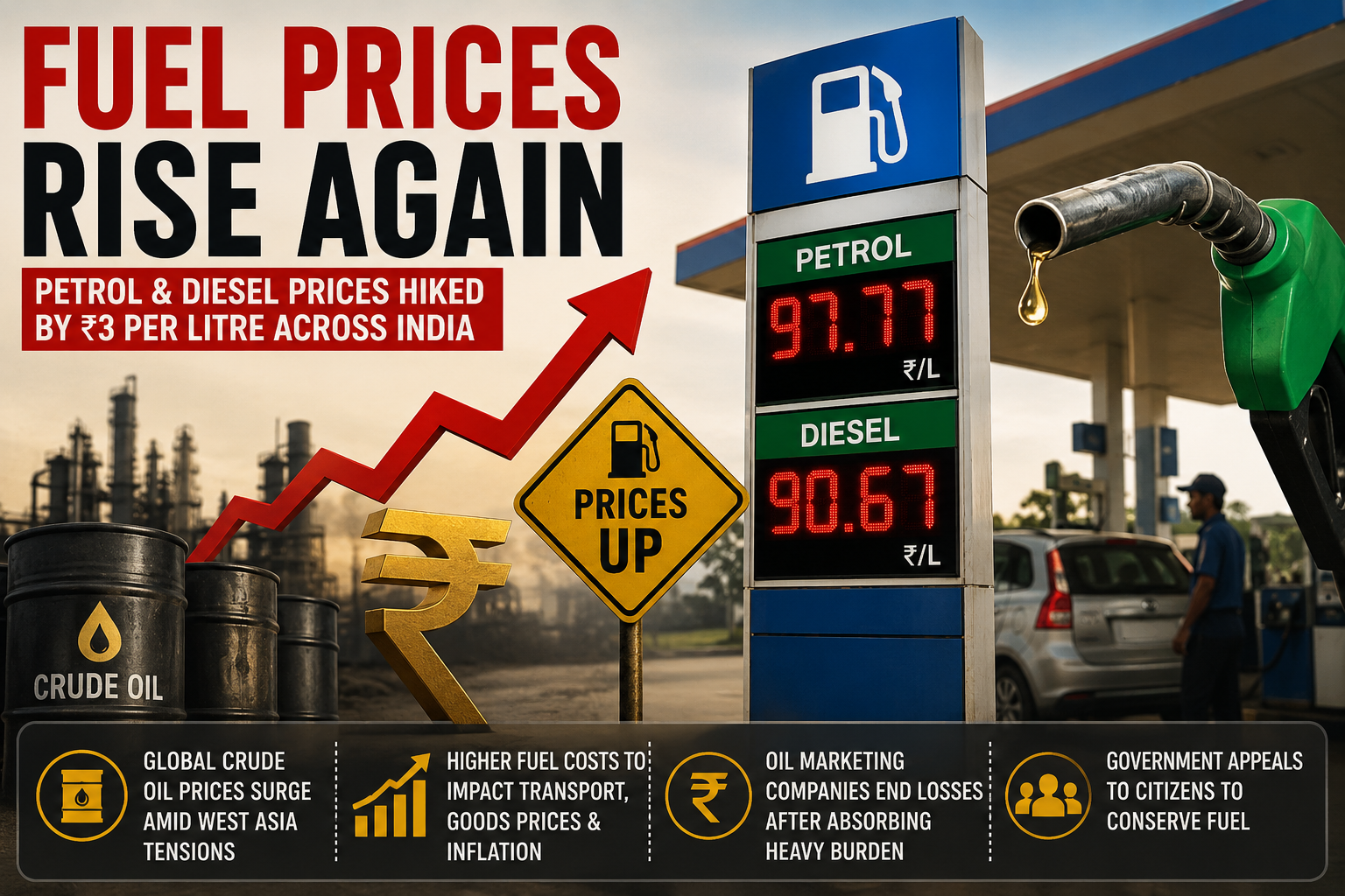 Petrol, diesel prices hiked by Rs 3 amid West Asia crisis; CNG also costlier