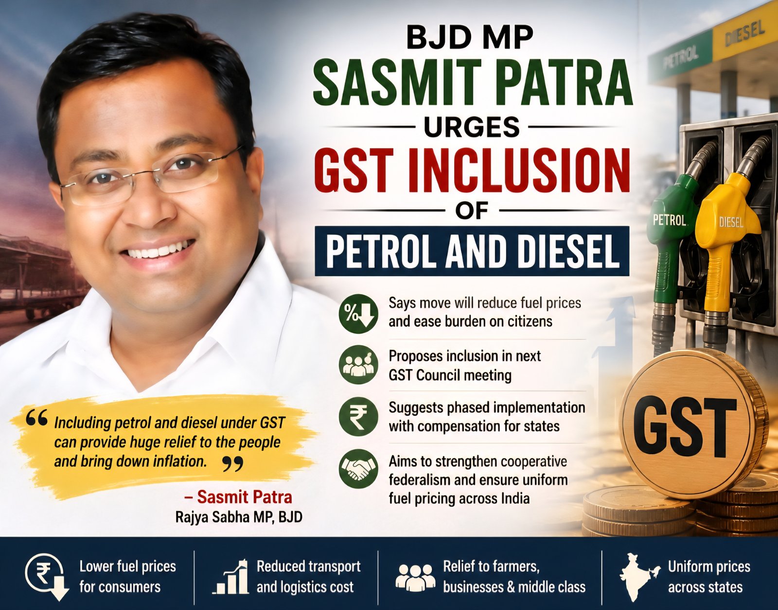 BJD MP Sasmit Patra Demands Inclusion of Petrol and Diesel Under GST