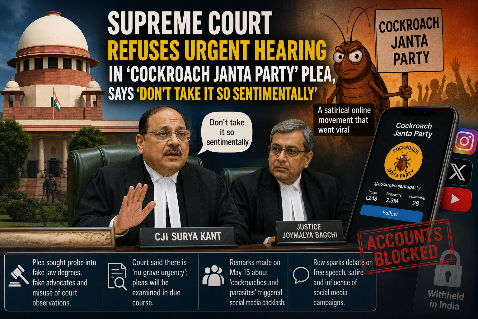 Supreme Court Declines Urgent Hearing on ‘Cockroach Janta Party’ Plea