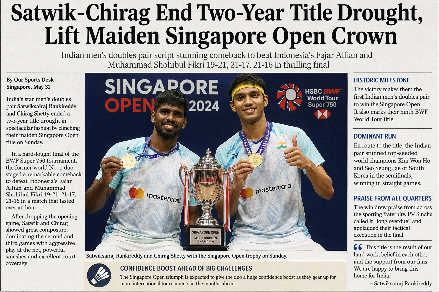 Satwik-Chirag End Two-Year Title Drought, Lift Maiden Singapore Open Crown