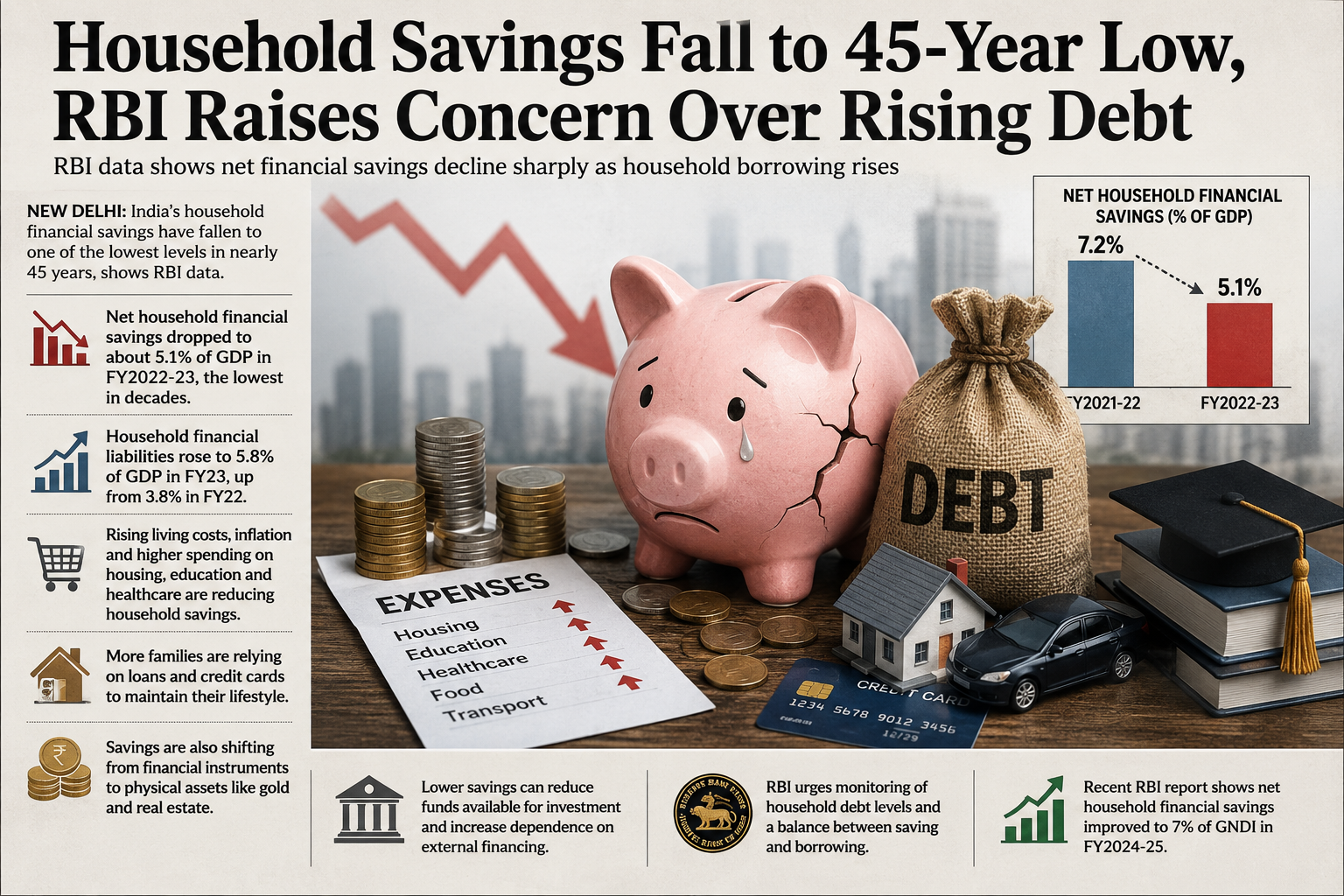Household Savings Fall to 45-Year Low, RBI Raises Concern Over Rising Debt