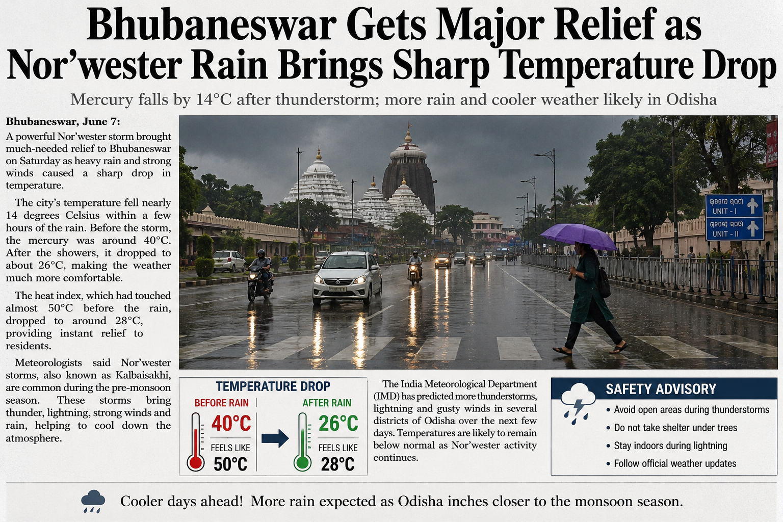 BHUBANESWAR GETS MAJOR RELIEF AS NOR’WESTER RAIN BRINGS SHARP TEMPERATURE DROP