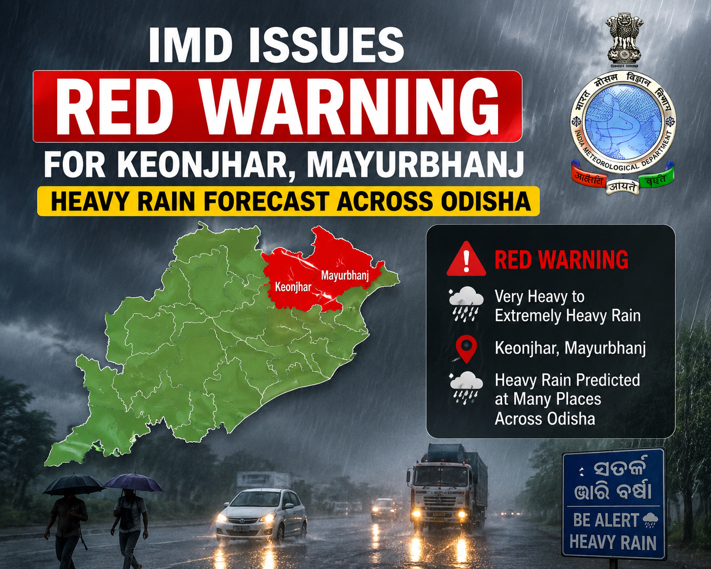 IMD issues red warning for Keonjhar, Mayurbhanj; heavy rain forecast across Odisha