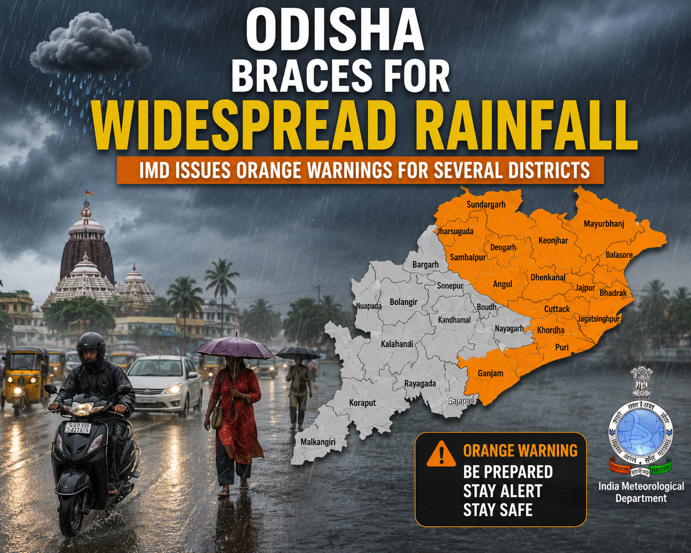 Odisha braces for widespread rainfall, IMD issues orange warnings for several districts