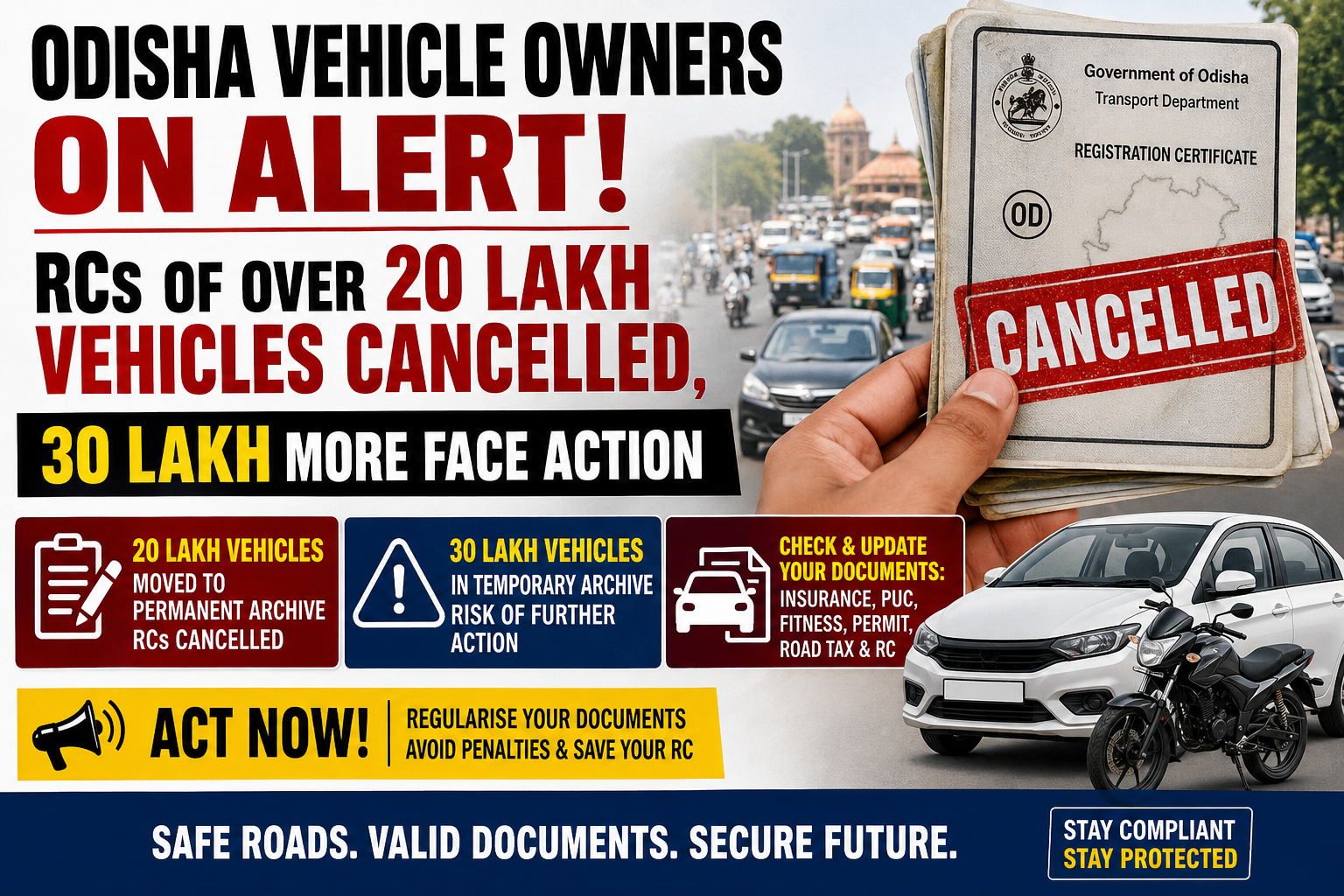 Odisha Vehicle Owners on Alert: RCs of Over 20 Lakh Vehicles Cancelled, 30 Lakh More Face Action