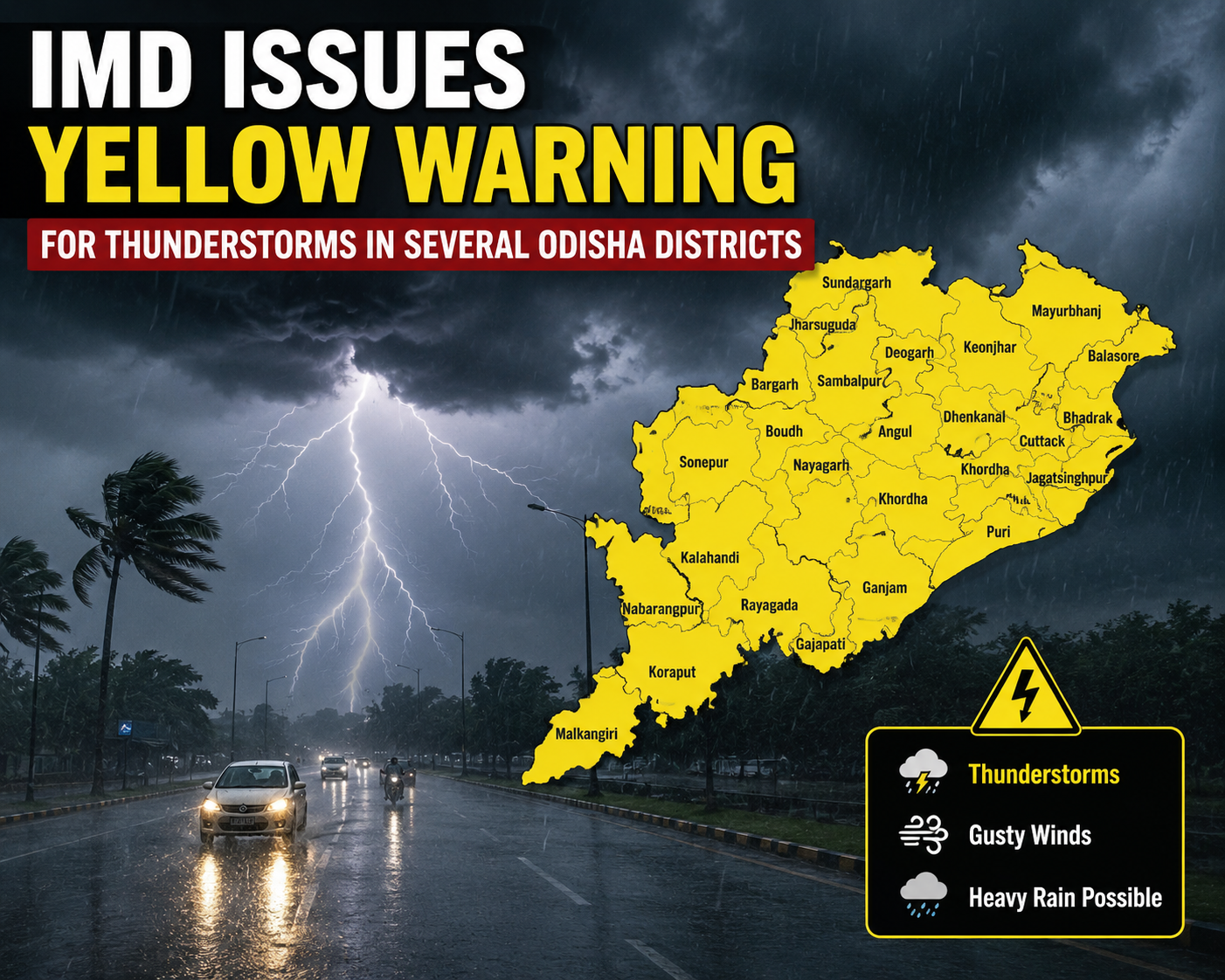 IMD issues yellow warning for thunderstorms in several Odisha districts