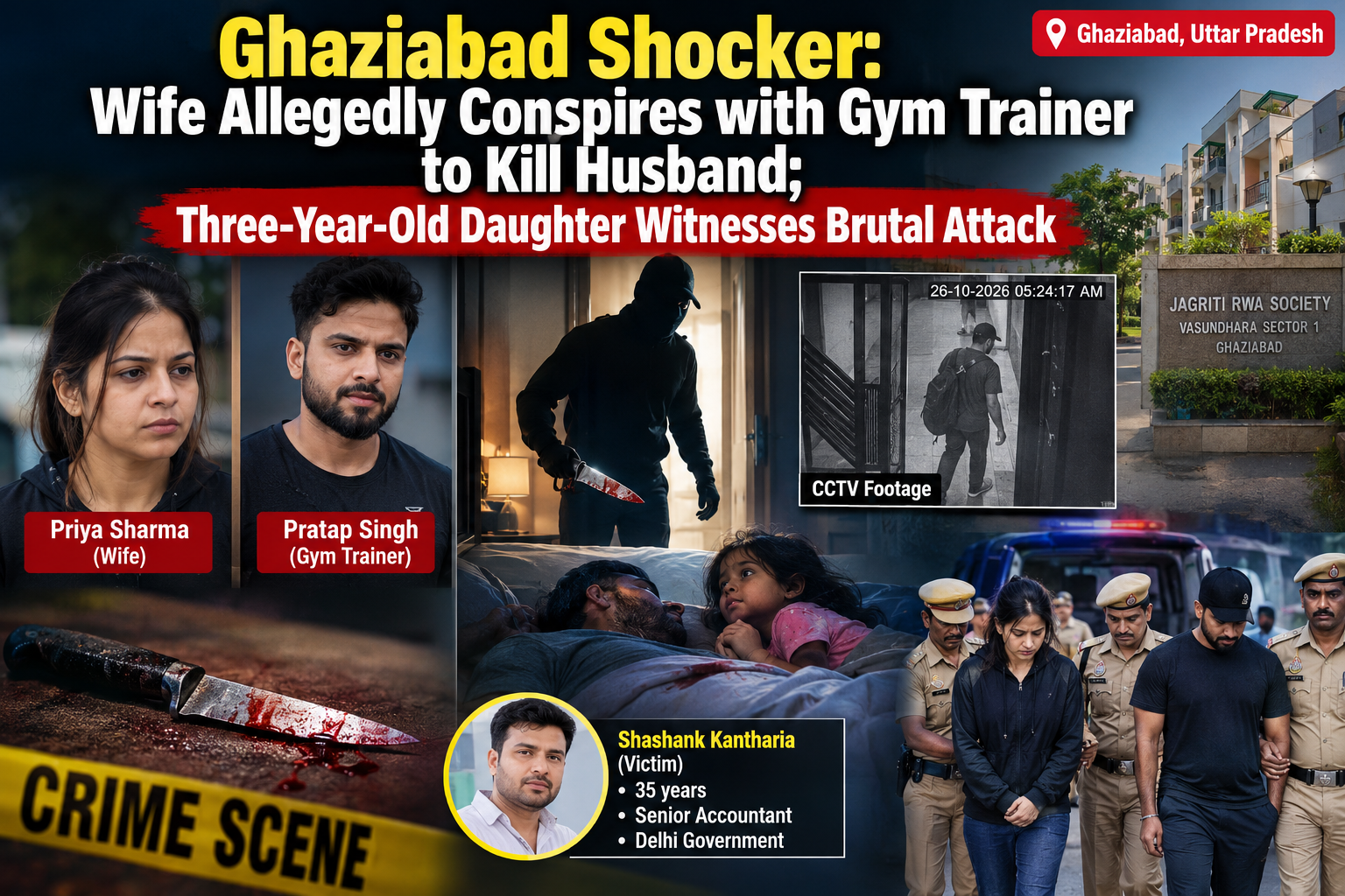 Ghaziabad Shocker: Wife Allegedly Conspires with Gym Trainer to Kill Husband; Three-Year-Old Daughter Witnesses Brutal Attack